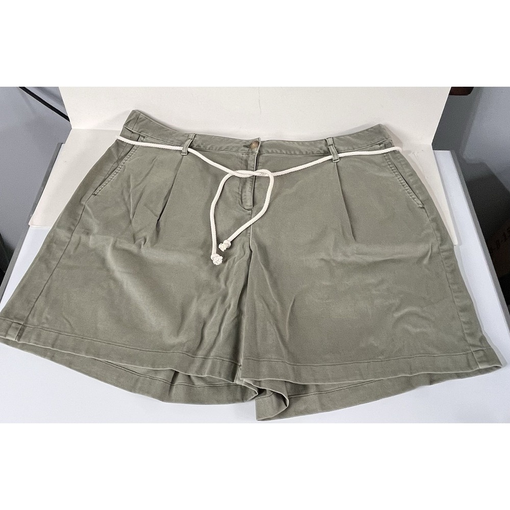 J Jill Olive Green Pleated Shorts Size 20W Rope Belt Cotton Stretch Casual NWOT